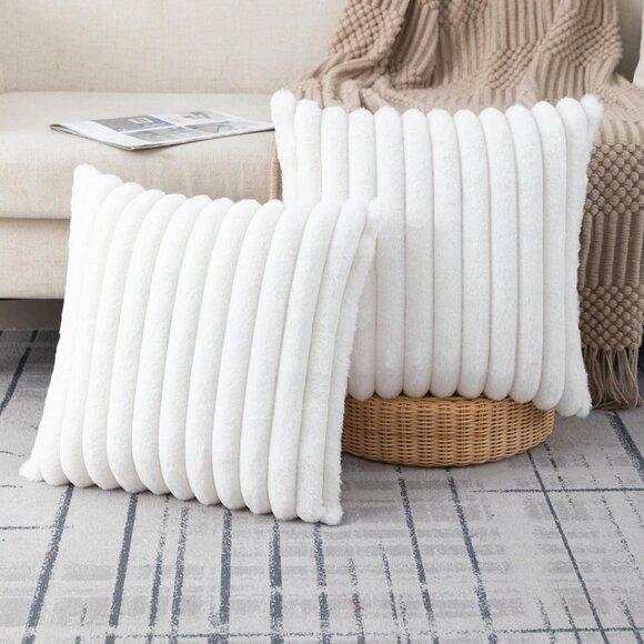 New Set of 2 Cream White Faux Fur Pillow Covers, Fluffy Striped Cushion, 18x18In - Picture 1 of 13